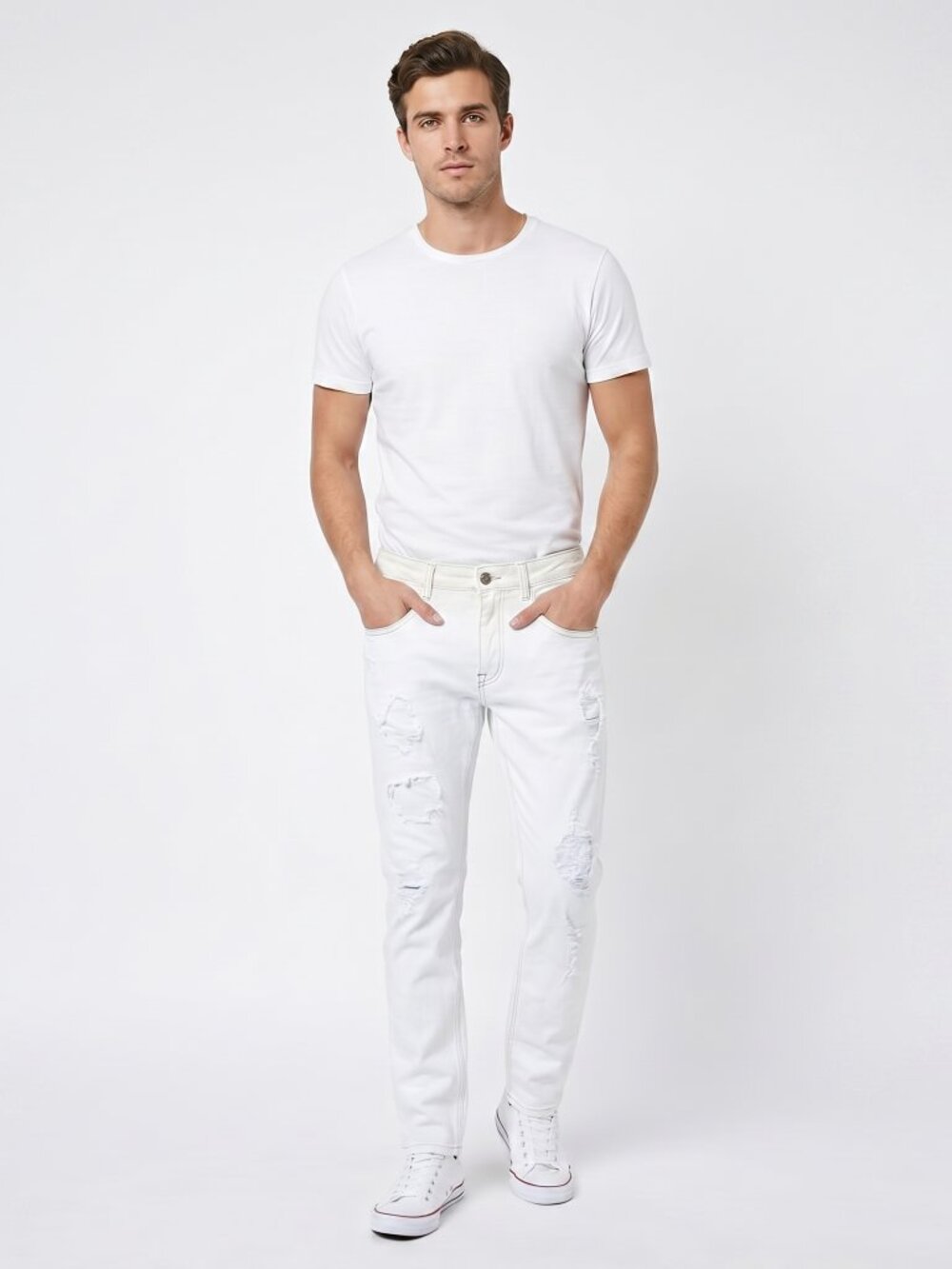 D&G Dolce and Gabbana Men's White Distressed Skinny Fit Jeans
